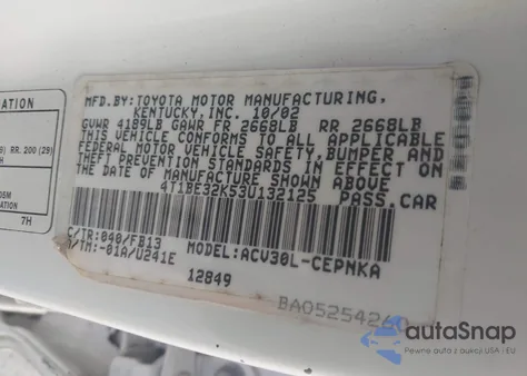 2003 Toyota Camry Le from USA, damaged, VIN 4T1BE32K53U132125